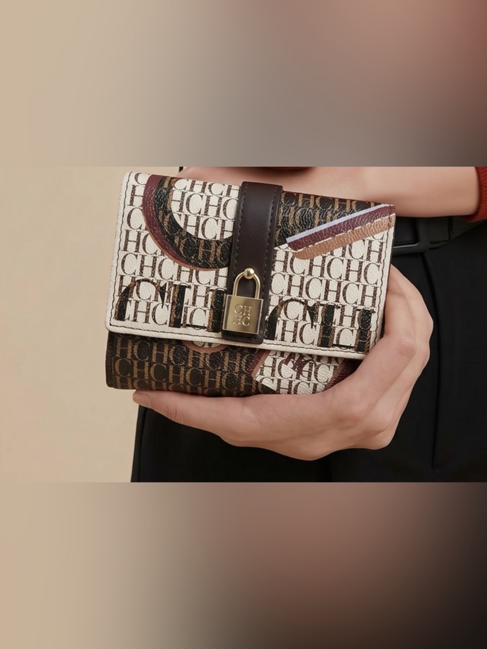 Carolina Herrera Brown and Beige Monogram Padlock Shoulder Bag